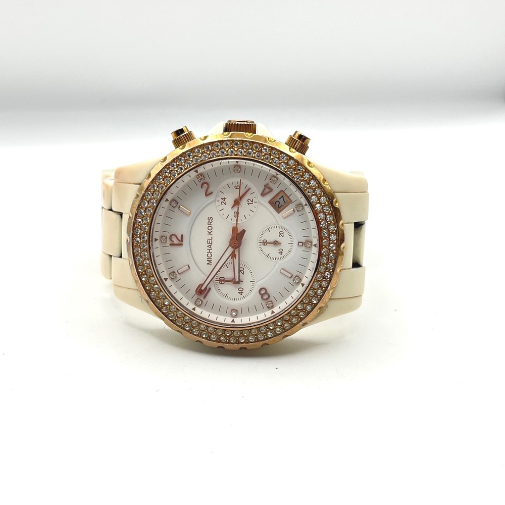 Michael Kors MK-5379 Runway Chronograph Rose Gold Tone Cream Resin Watch